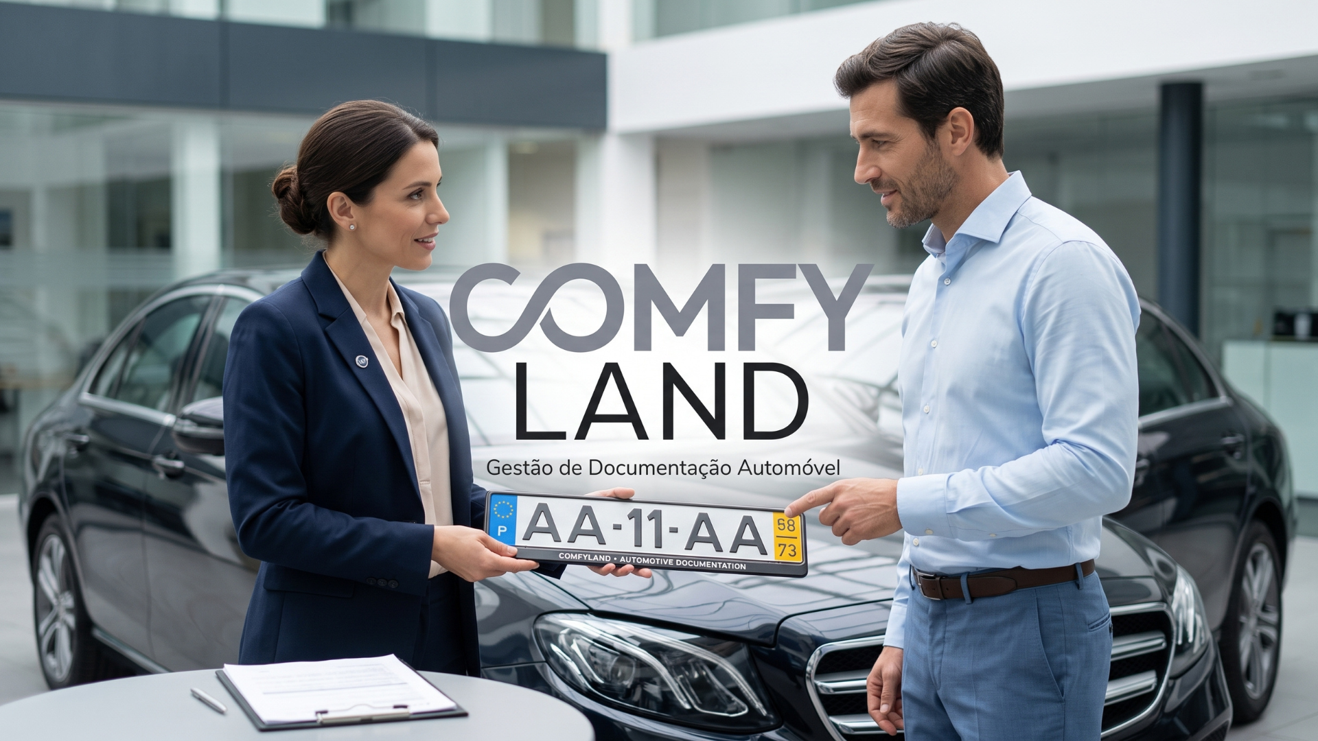 Consultora da Comfyland a entregar documentação de um automóvel a um cliente