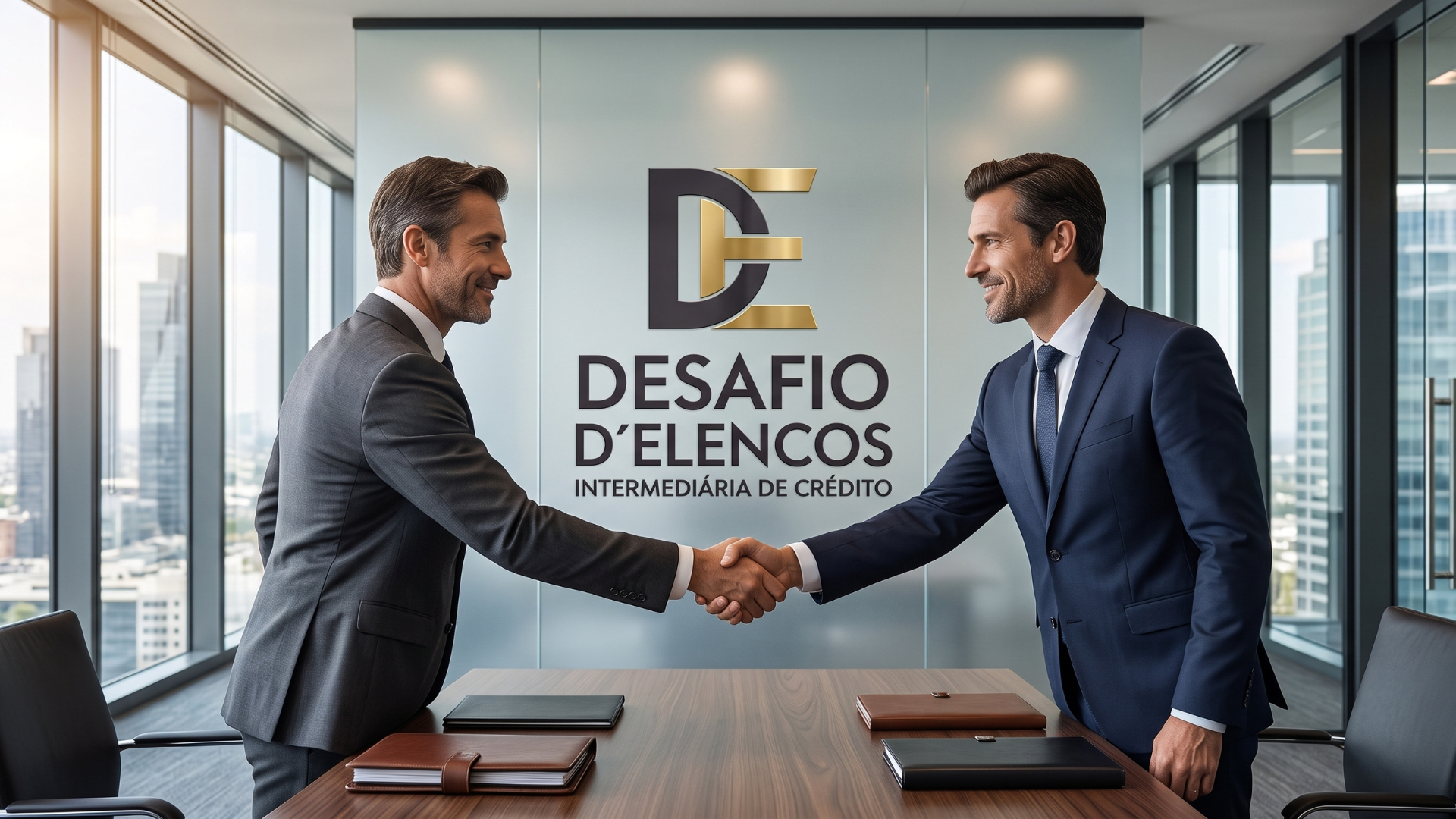 Dois profissionais a cumprimentarem-se num escritório da Desafio D'Elencos